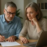 Pár plánuje dôchodkové financie pri stole s počítačom a papiermi.