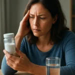 Žena znepokojená pri pohľade na fľašu so strieborným jodidom