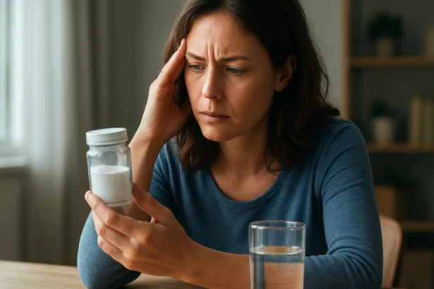 Žena znepokojená pri pohľade na fľašu so strieborným jodidom