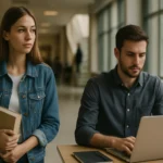 Študenti diskutujúci o voľbe medzi univerzitou a praxou