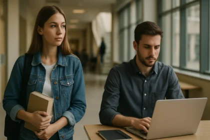Študenti diskutujúci o voľbe medzi univerzitou a praxou