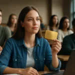 Študentka v triede drží zlatú kartu, symbolizujúcu úspech v zamestnaní.