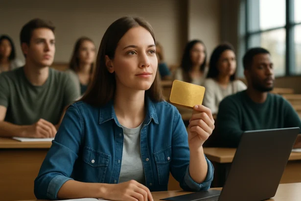 Študentka v triede drží zlatú kartu, symbolizujúcu úspech v zamestnaní.