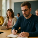 Muži a ženy sa vzdelávajú v triede s notebookmi.