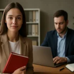 Žena s knihou, pripravuje sa na jazykový kurz, muž pracuje na laptopu.