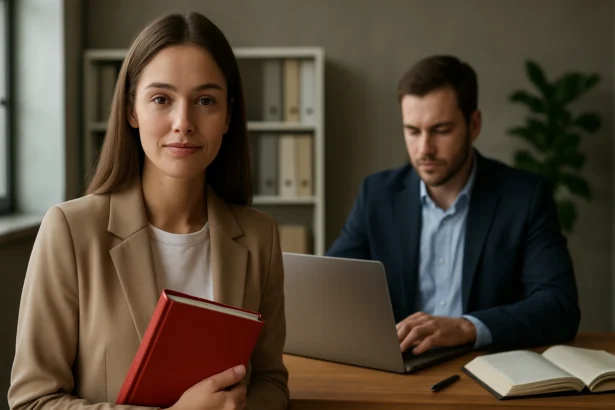 Žena s knihou, pripravuje sa na jazykový kurz, muž pracuje na laptopu.