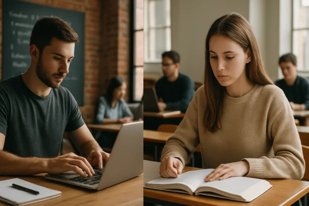 Študenti sa učia v triede, porovnávajúci bootcamp a univerzitu.