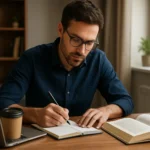 Muž sa učí a píše poznámky pri stole s notebookom a knihami.