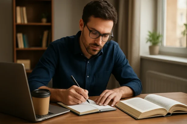 Muž sa učí a píše poznámky pri stole s notebookom a knihami.