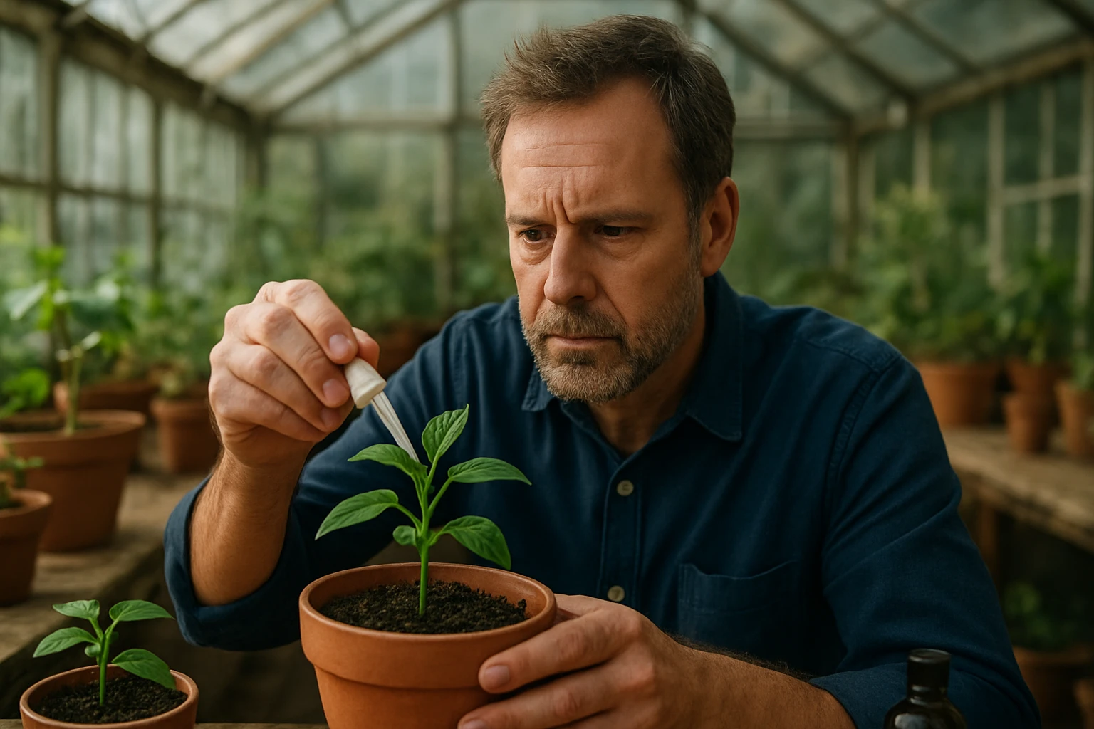 Pestovateľ pridáva gibberelíny do rastliny v skleníku.