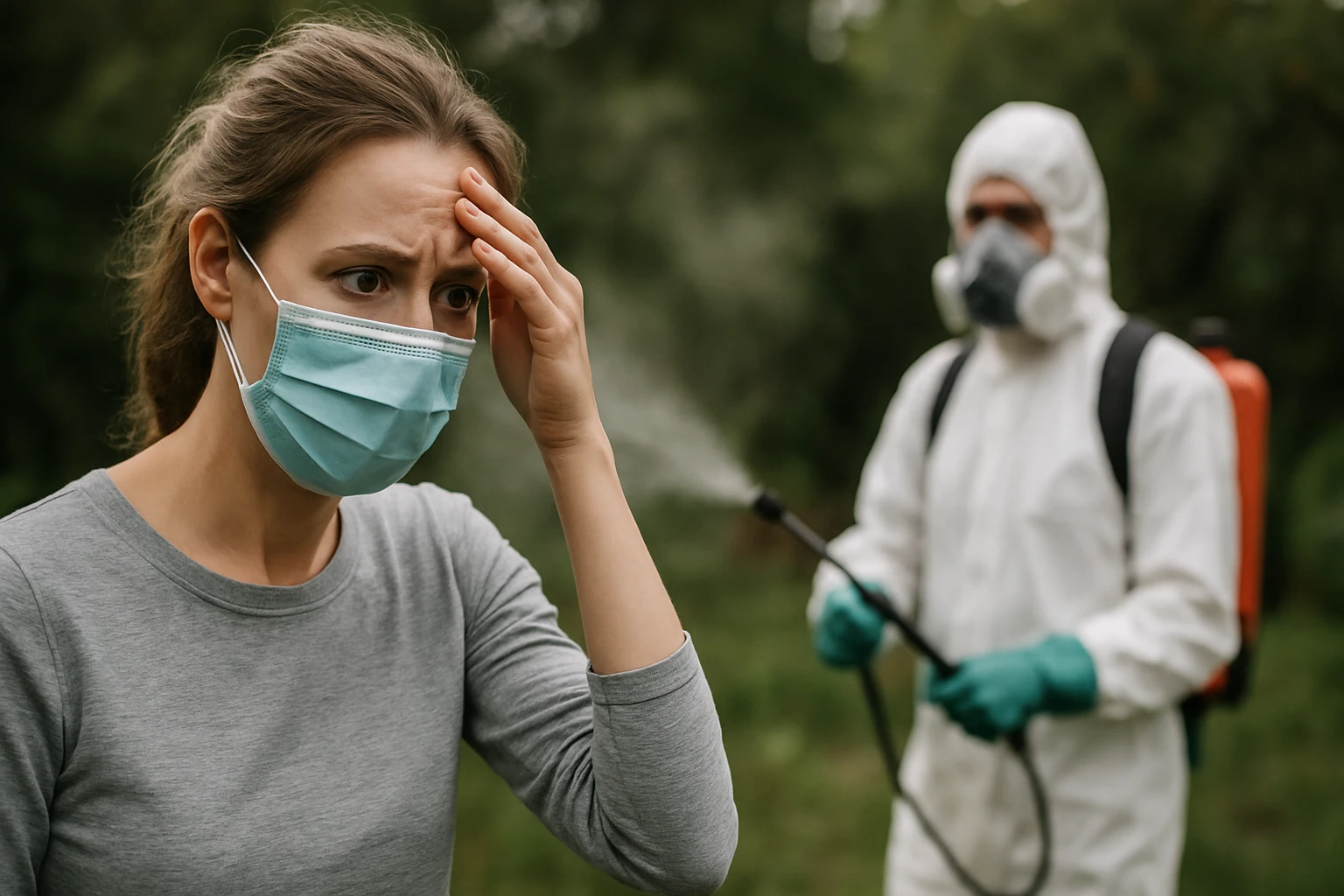 Žena s maskou a obavy z ohrozenia zdravia pri spracovaní lambda-cyhalotrínu.