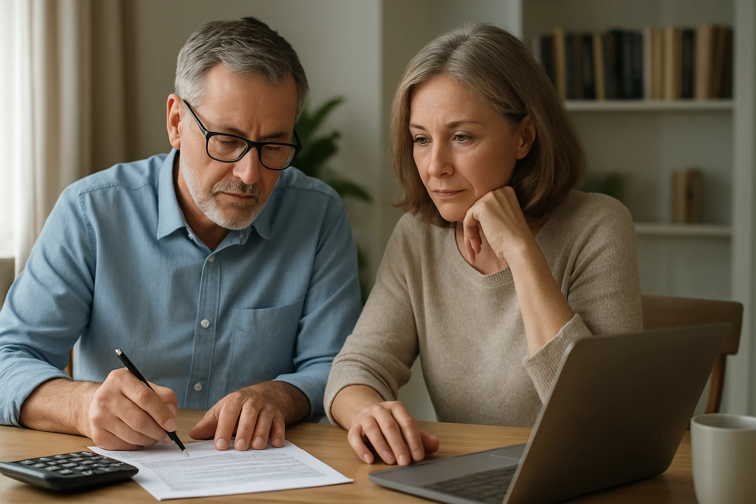 Pár plánuje dôchodkové financie pri stole s počítačom a papiermi.