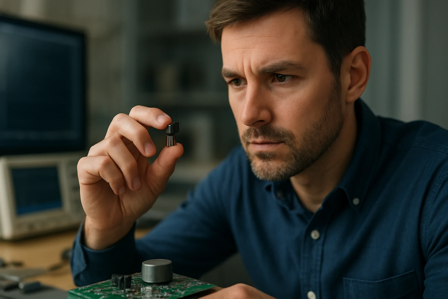 Inžinier skúma Hallov senzor pre snímacie technológie.