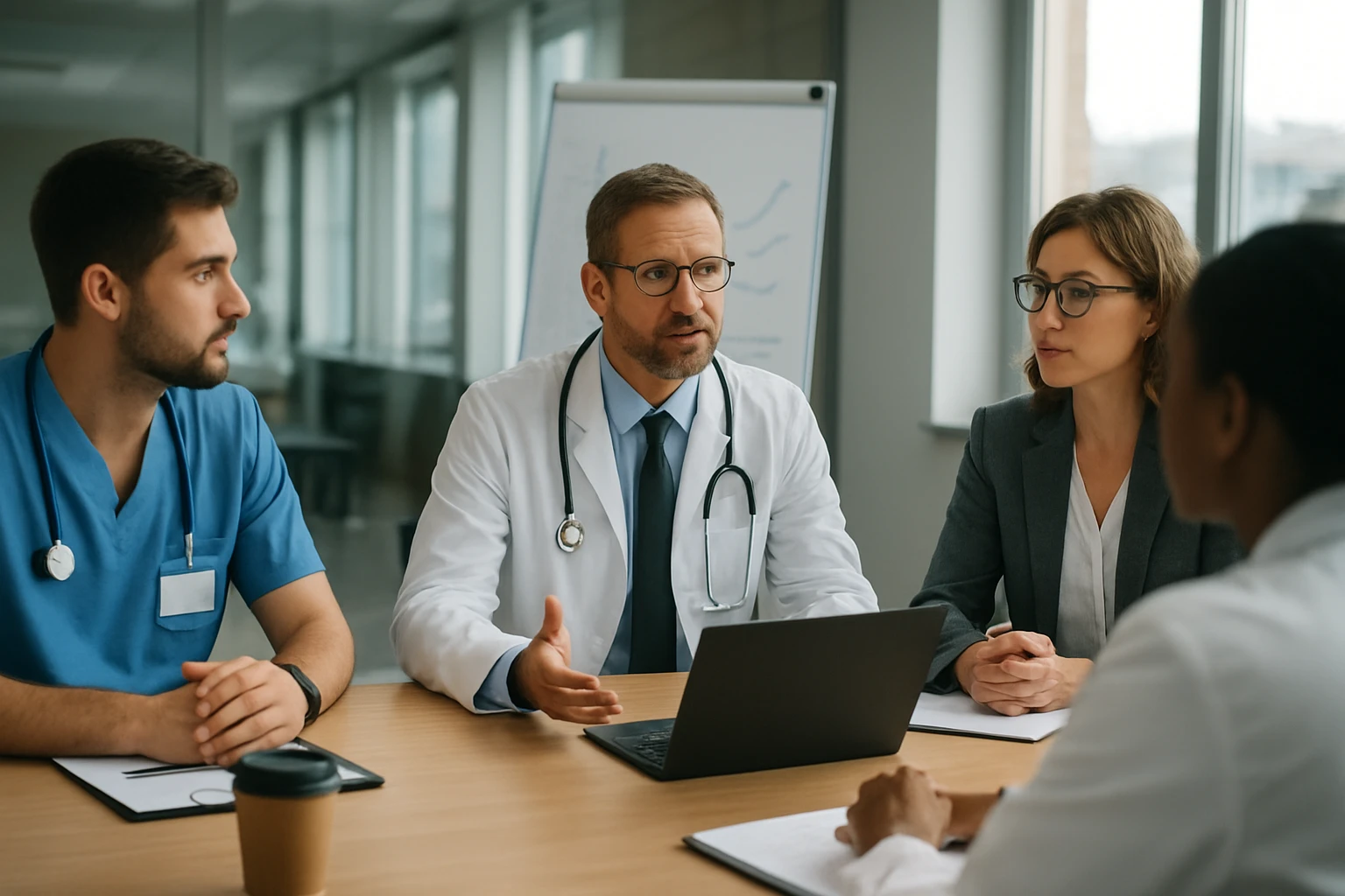 Stretnutie zdravotníckych profesionálov za stolem v nemocnici.
