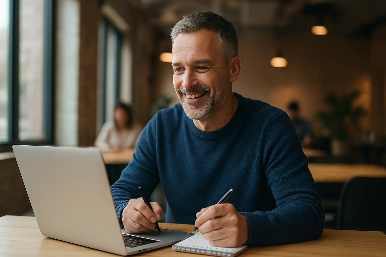 Dospelý muž pracujúci na laptopu a zapisujúci si poznámky.