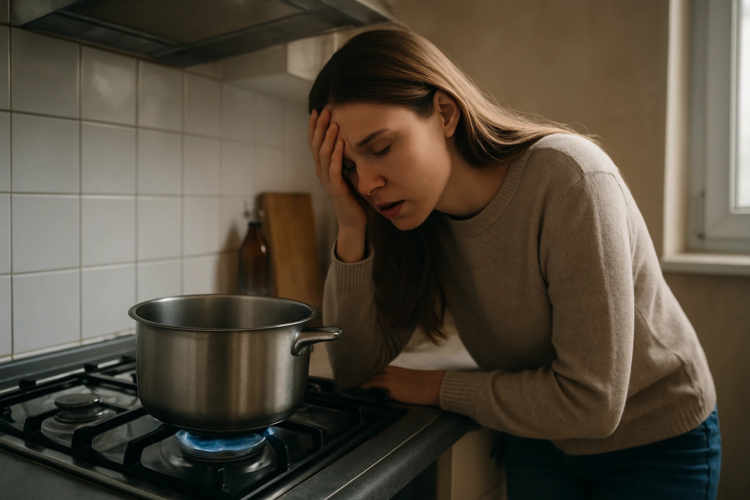 Žena sťažujúca sa na bolest hlavy pri varení na plynovom sporáku