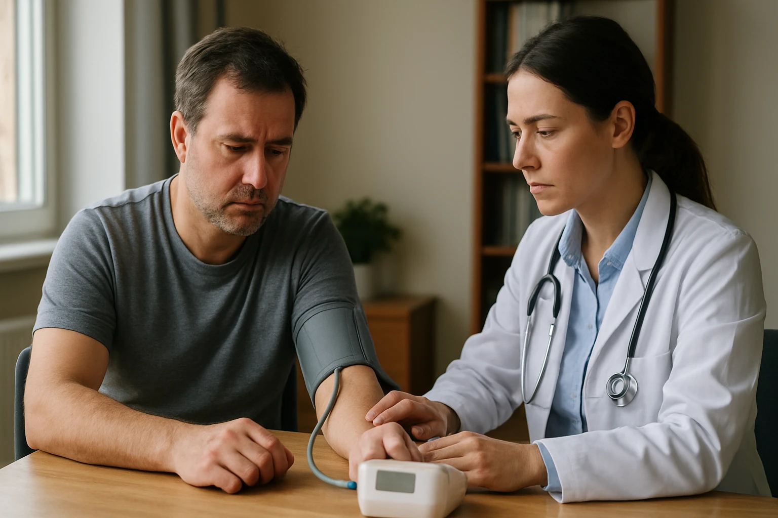 Lékař měří krevní tlak muže během vyšetření.