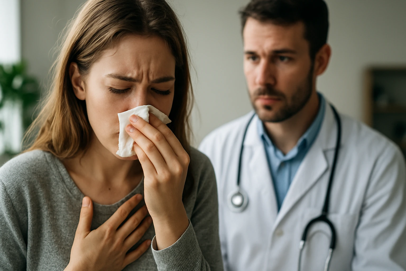 Žena s alergiou a lekár v konzultácii o histamíne a imunitnom systéme.