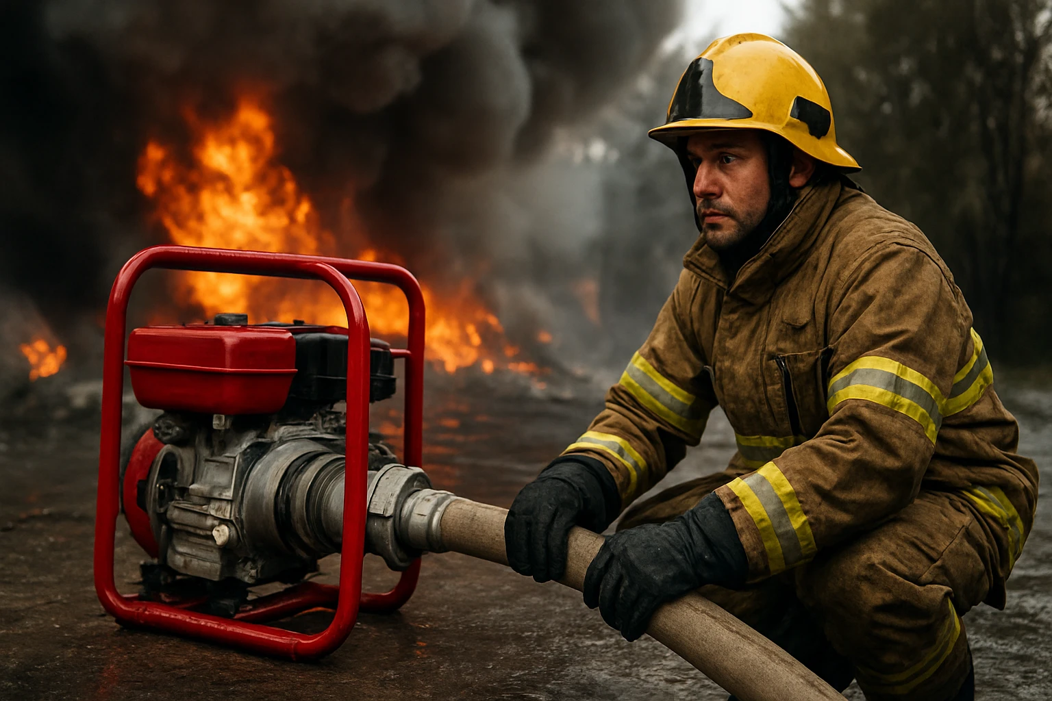 Hasič s čerpadlom v akcii pri hasení požiaru.