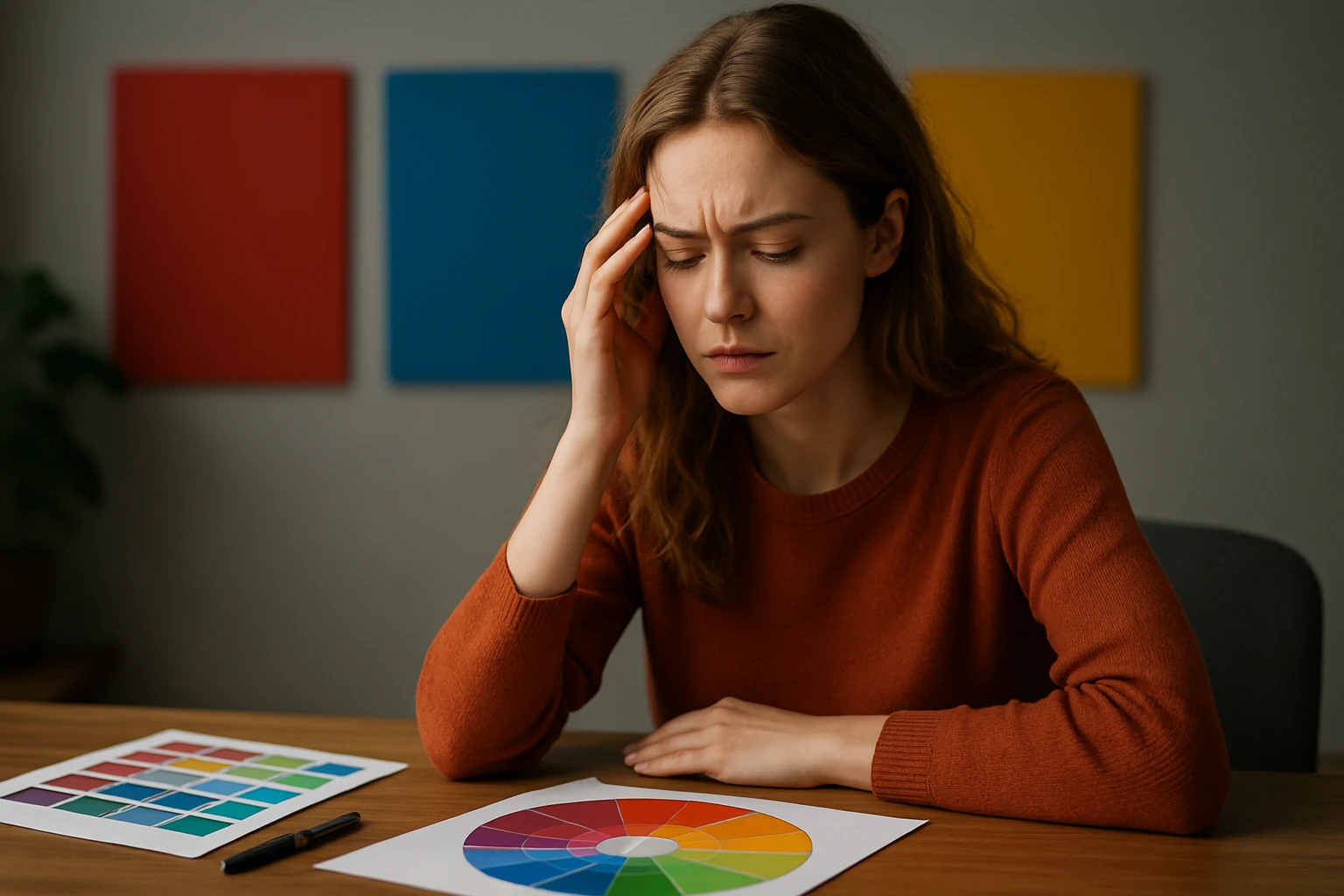 Žena premýšľa o farbách a ich vplyve na emócie