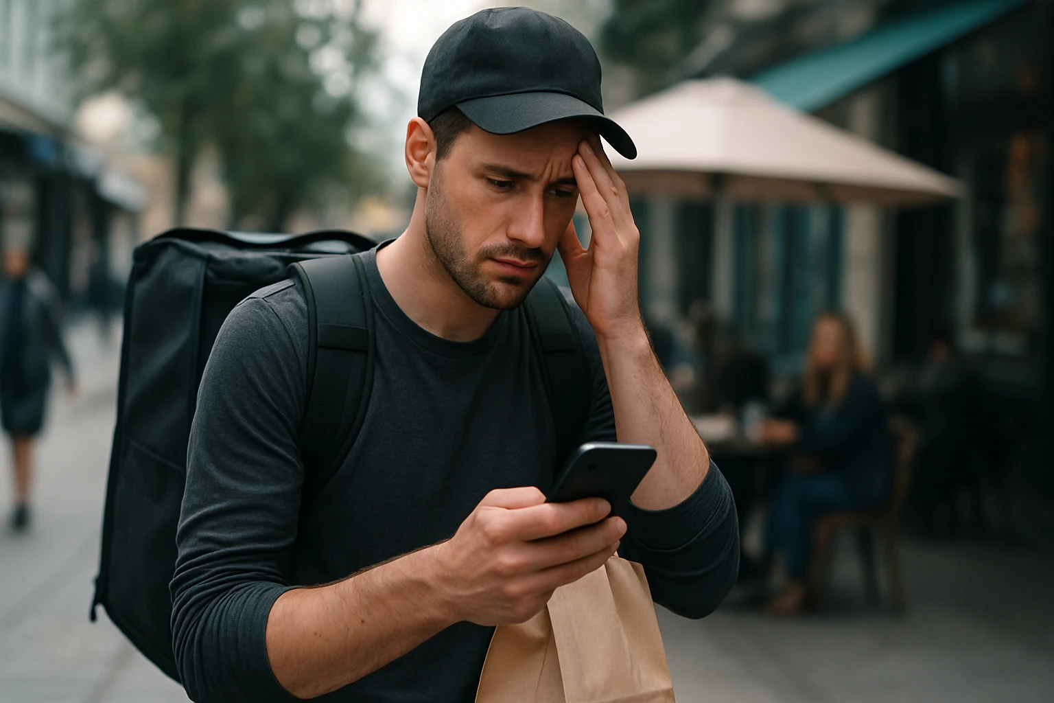 Mladý muž v čiernom tričku s batohom kontroluje svoj mobilný telefon na ulici.