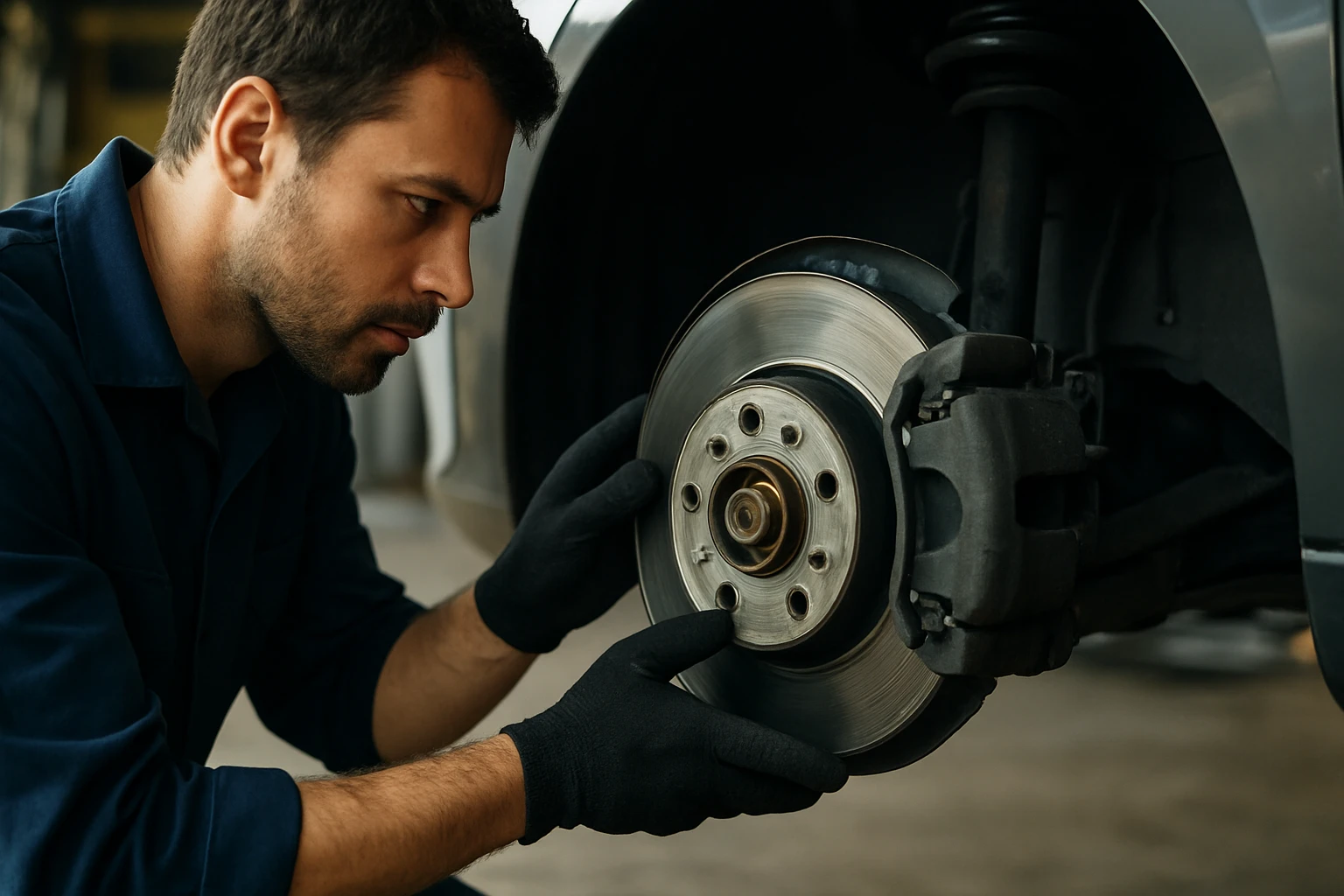 Mechanik kontroluje brzdový kotúč vo vozidle v autoservise