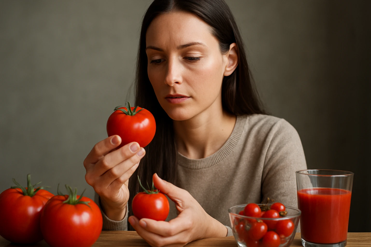 Žena skúma čerstvé červené paradajky a paradajkový džús.