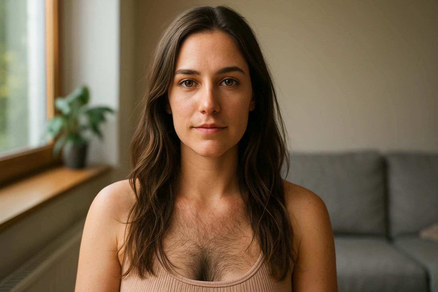 Žena s prirodzeným ochlpením a sebavedomým výrazom tváre.