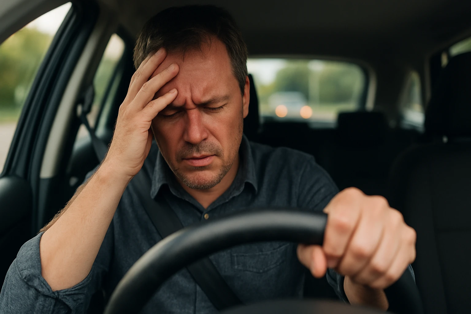 Osoba za volantom pociťujúca stres a bolesti hlavy z rýchlej jazdy.