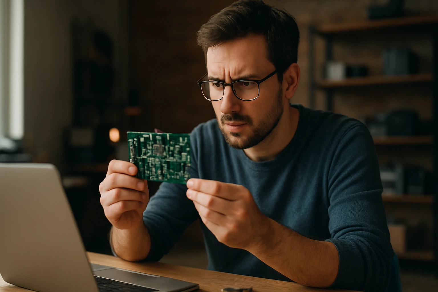 Muž skúma elektronickú dosku pri počítači, zaujíma sa o moderné technológie.