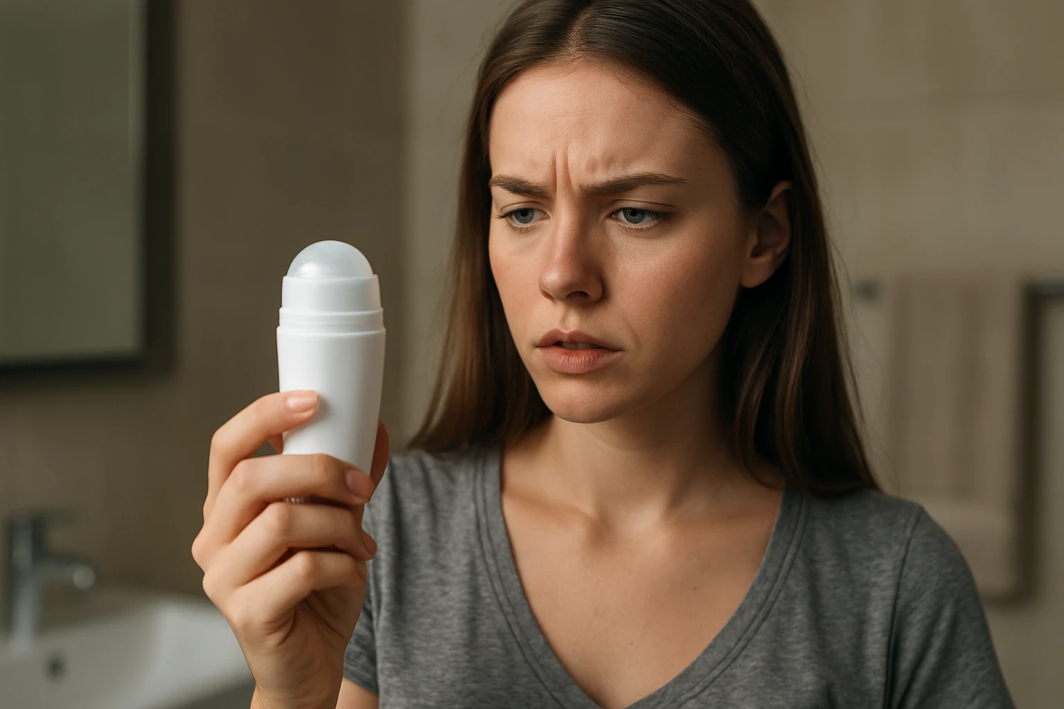 Žena skúma guľôčkový deodorant v kúpeľni.
