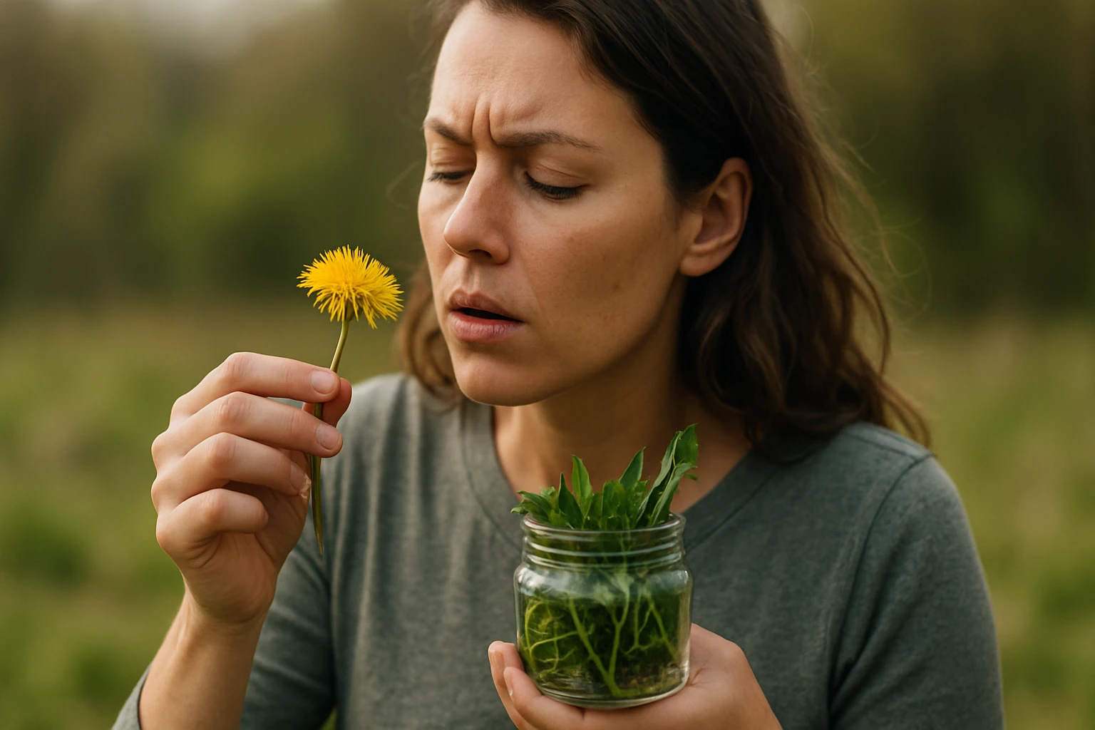Žena s púpavou a bylinkami, objavujúca prírodné liečivé účinky.