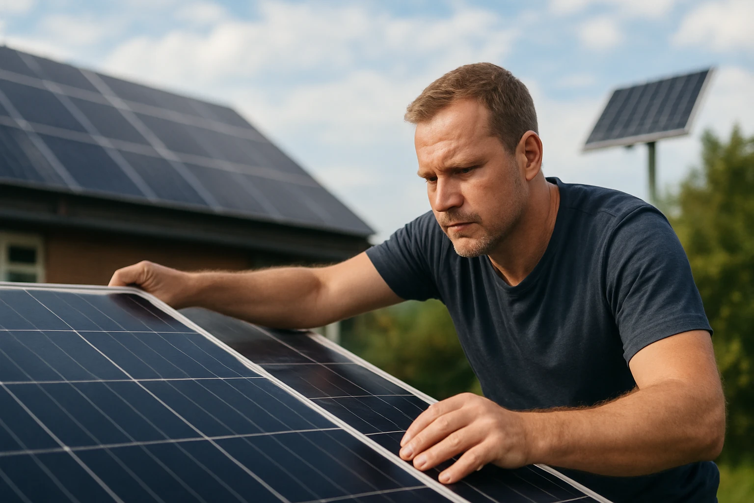 Muž kontroluje solárne panely na dome, slnečná energia