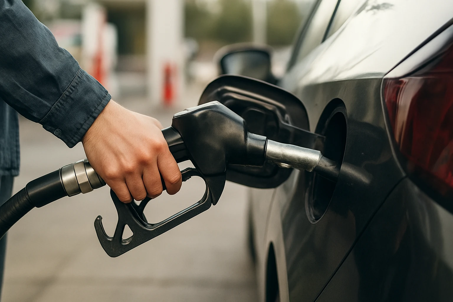 Osoba tankujúca benzín do auta s benzínovým kohútikom.