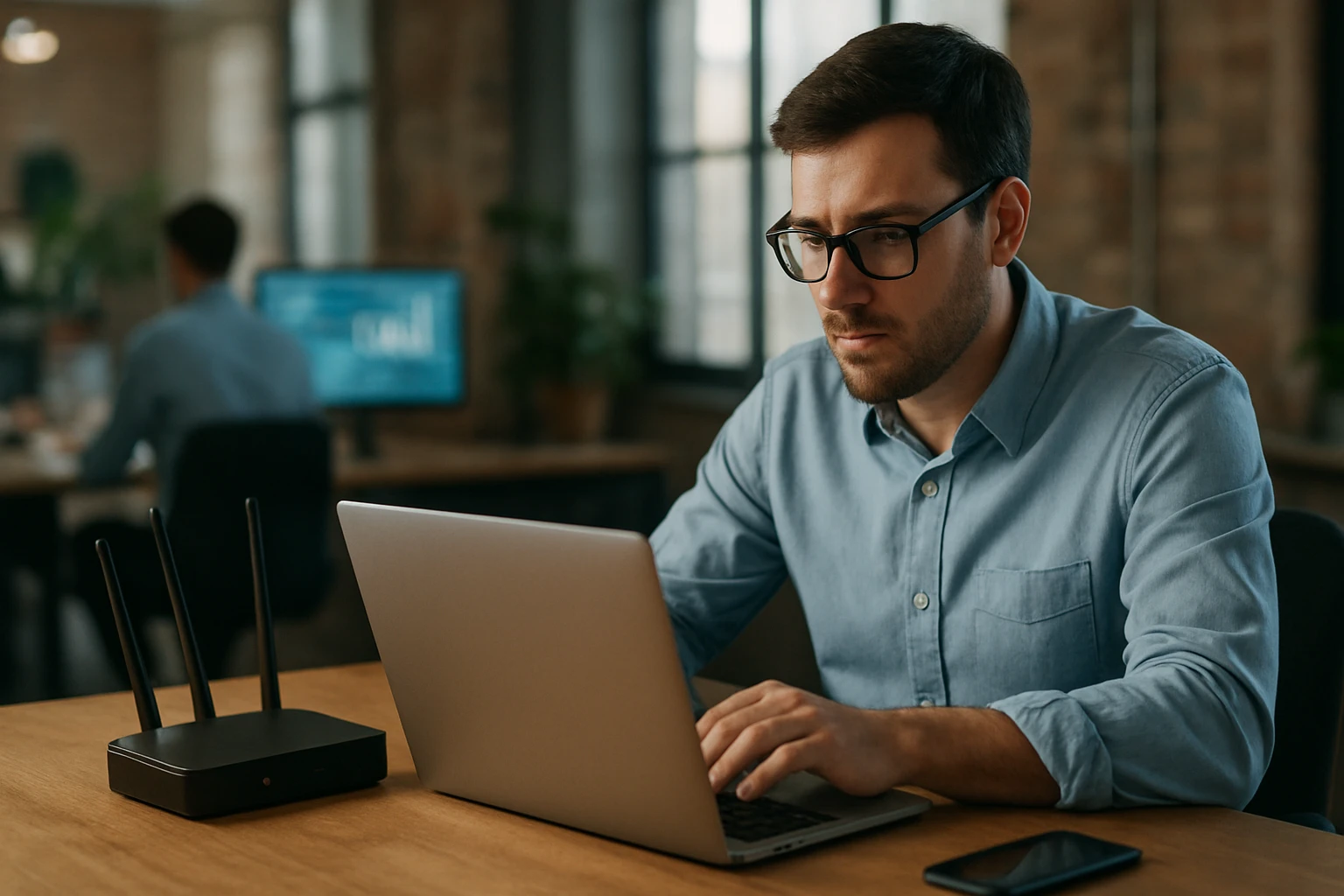 Muž pracujúci na laptopu v kancelárii s technológiou IoT.