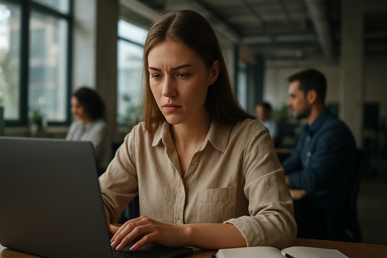 Mladá žena pracujúca na notebooku v modernom kancelárskom prostredí.