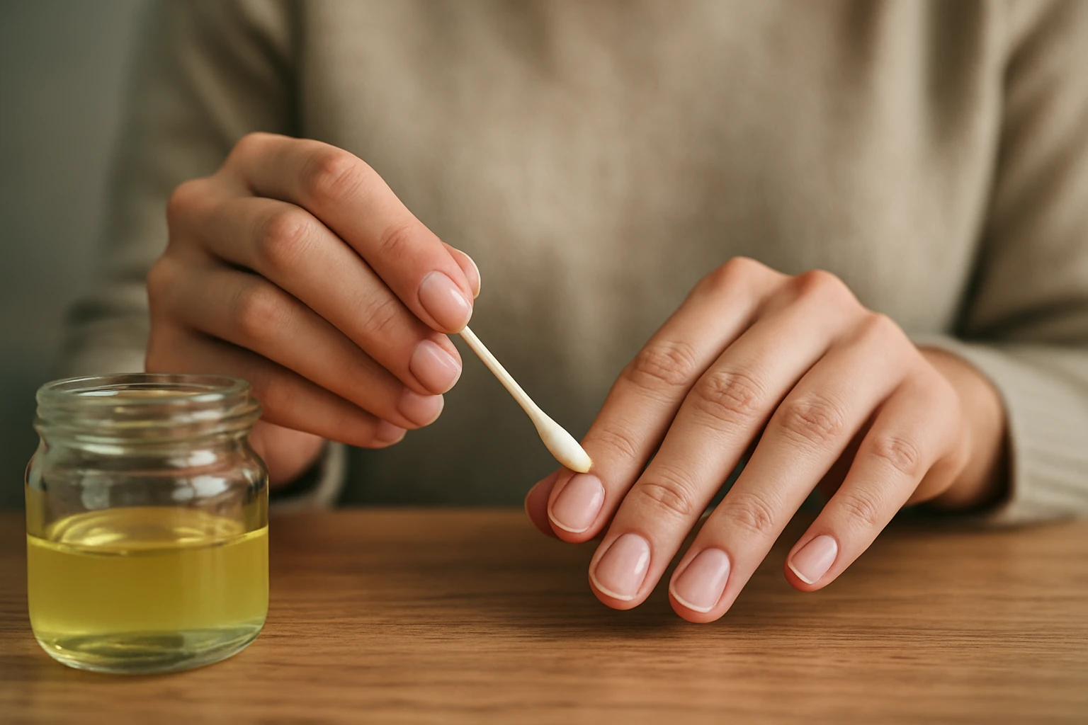 Žena aplikuje olej na nechty pomocou vatovej tyčinky.