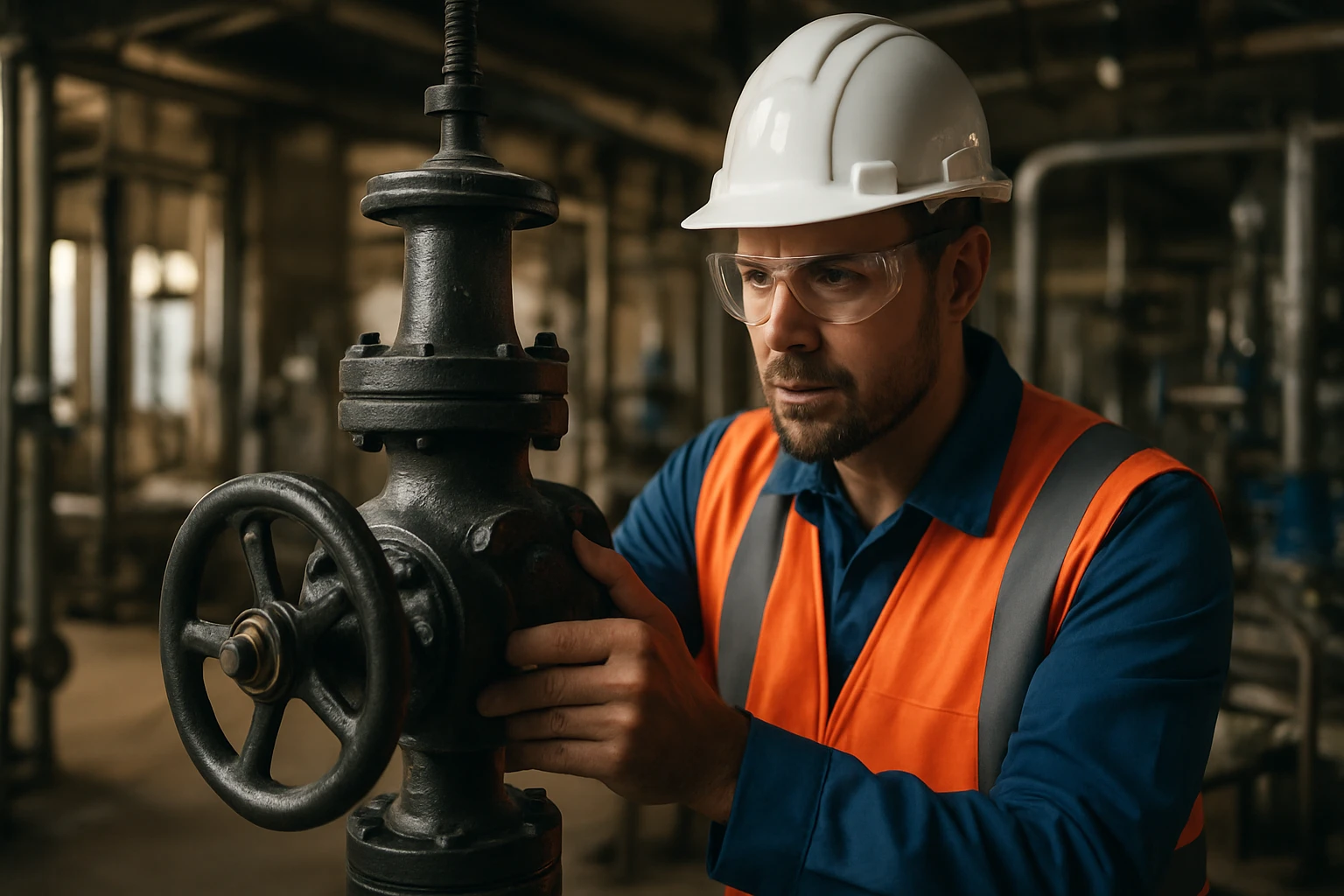 Pracovník kontroluje regulačný ventil v priemyselnom prostredí.