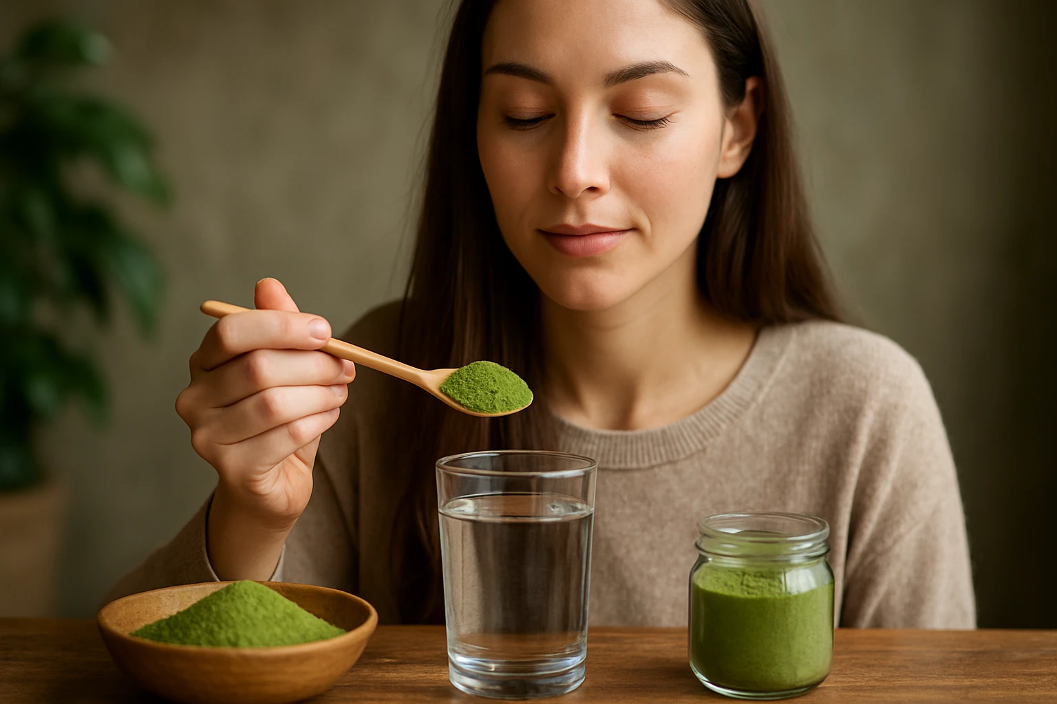 Žena drží lyžičku moringa prášku pred pohárom vody.
