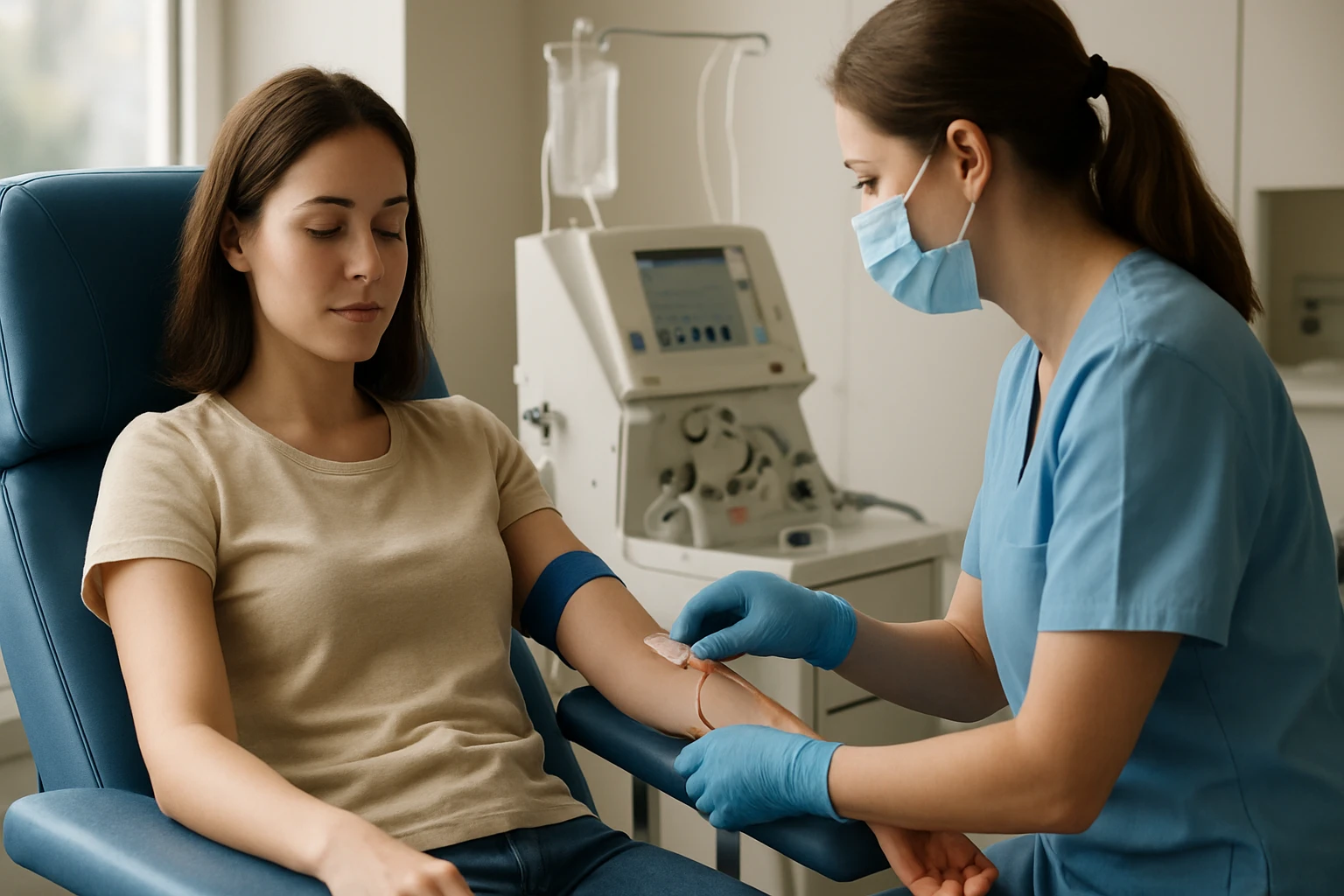 Žena daruje plazmu v zdravotníckom zariadení.