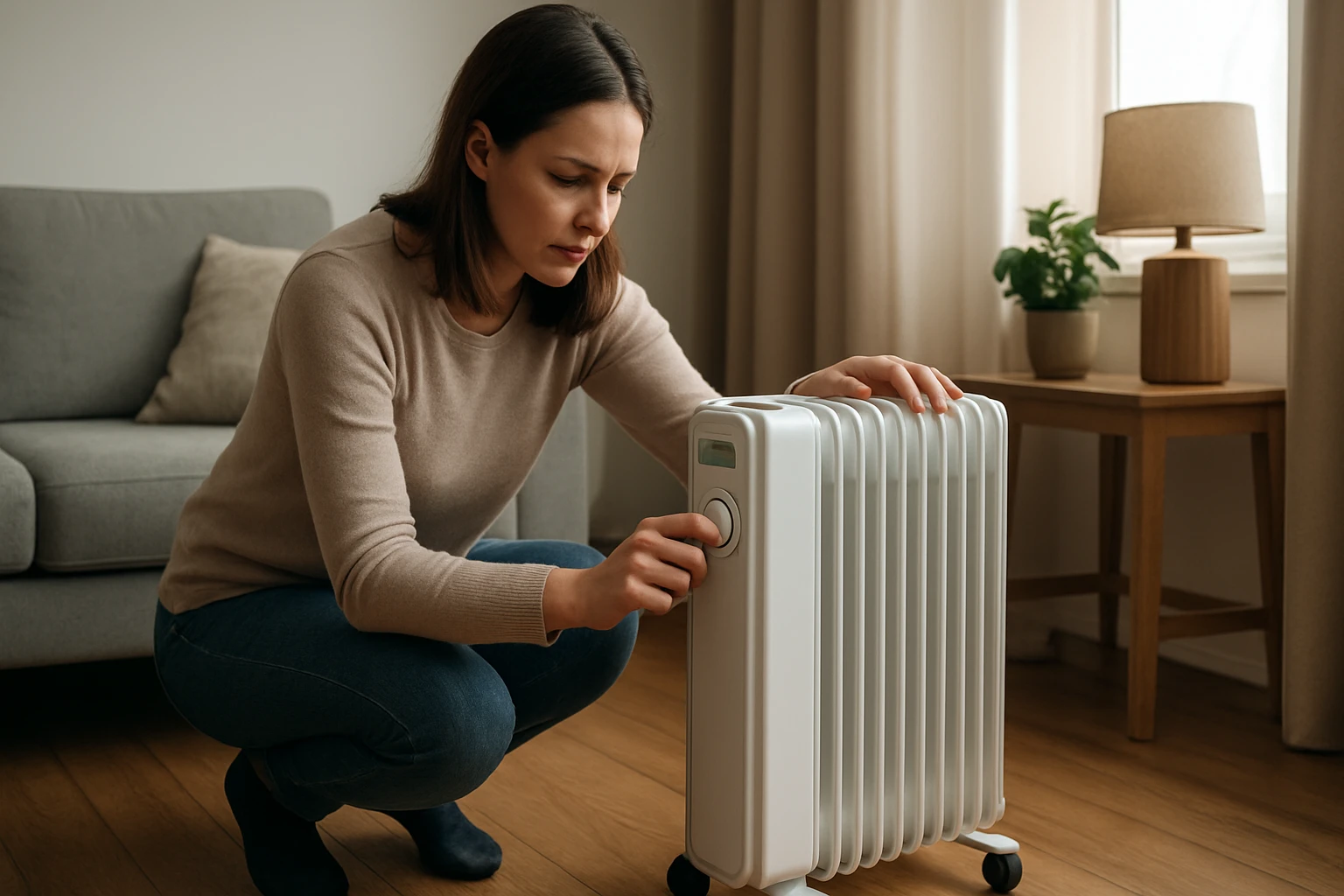 Žena nastavuje olejový radiátor v pohodlnom interiéri.