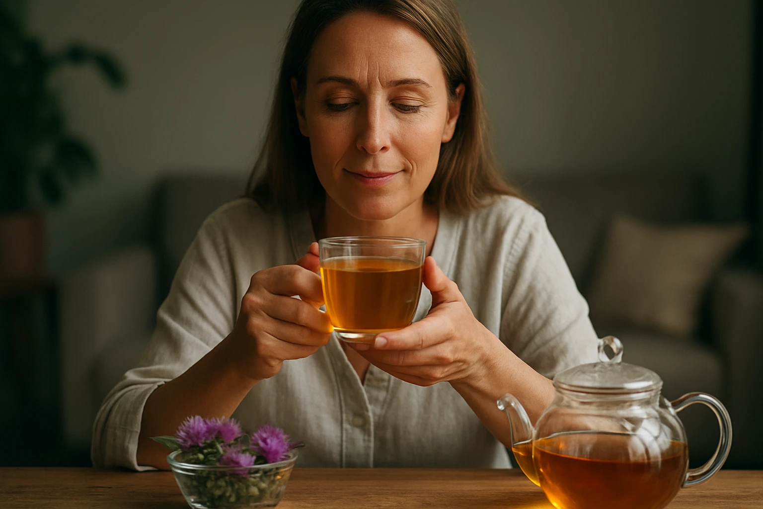 Žena vychutnáva čaj z pestreca mariánskeho s bylinkami.