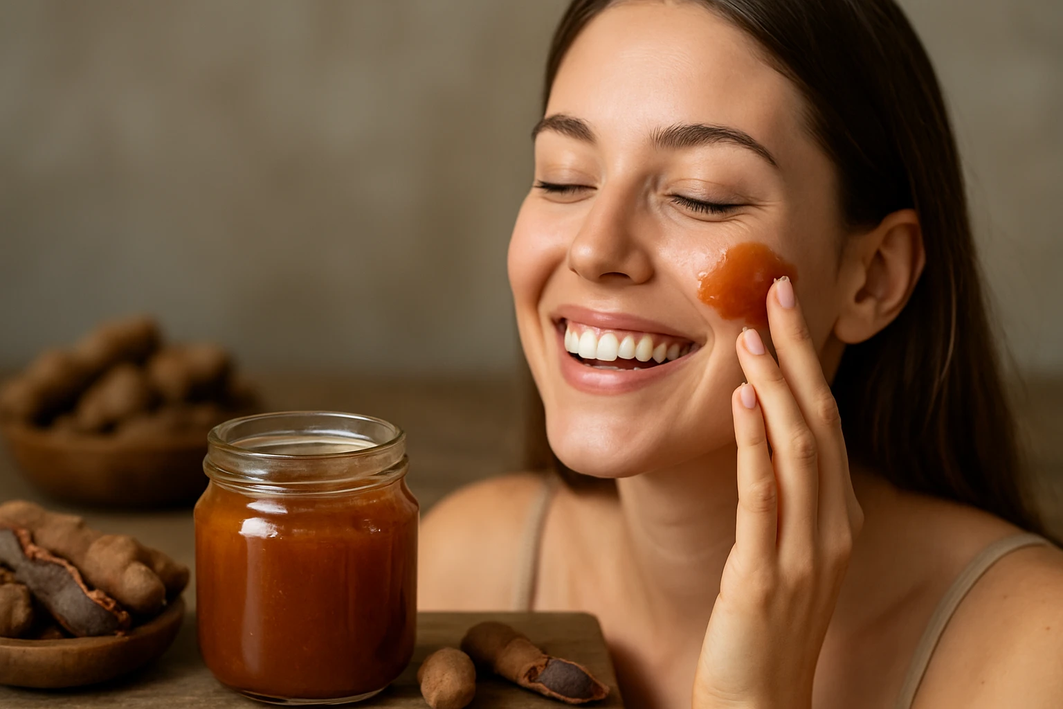 Žena sa smeje a nanáša tamarindový džem na tvár pre zdravú pleť.