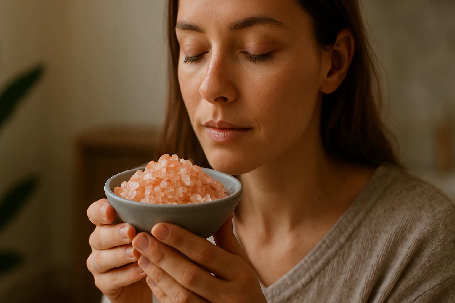 Žena s himalájskou soľou v miske, zatvorenými očami, vyjadrujúc pohodu.
