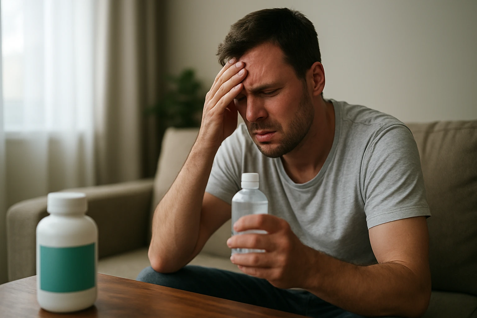 Muž trpiaci bolesťami hlavy s riedidlom v ruke, vyjadrujúci úzkosť.