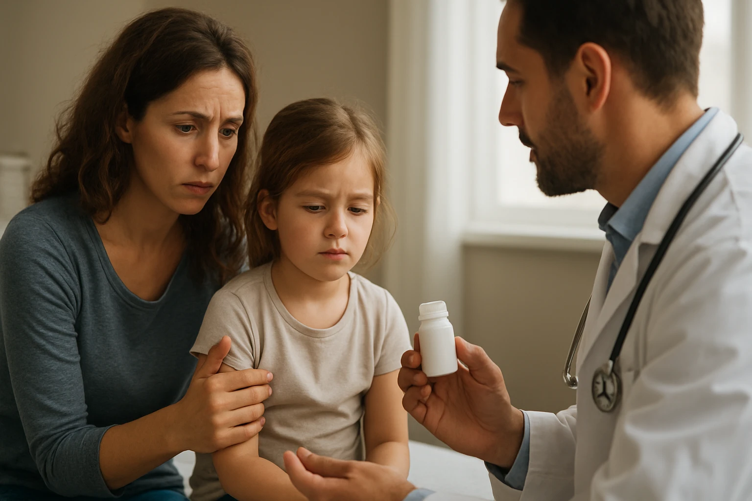 Matka so svojou dcérou konzultuje liek s lekárom.