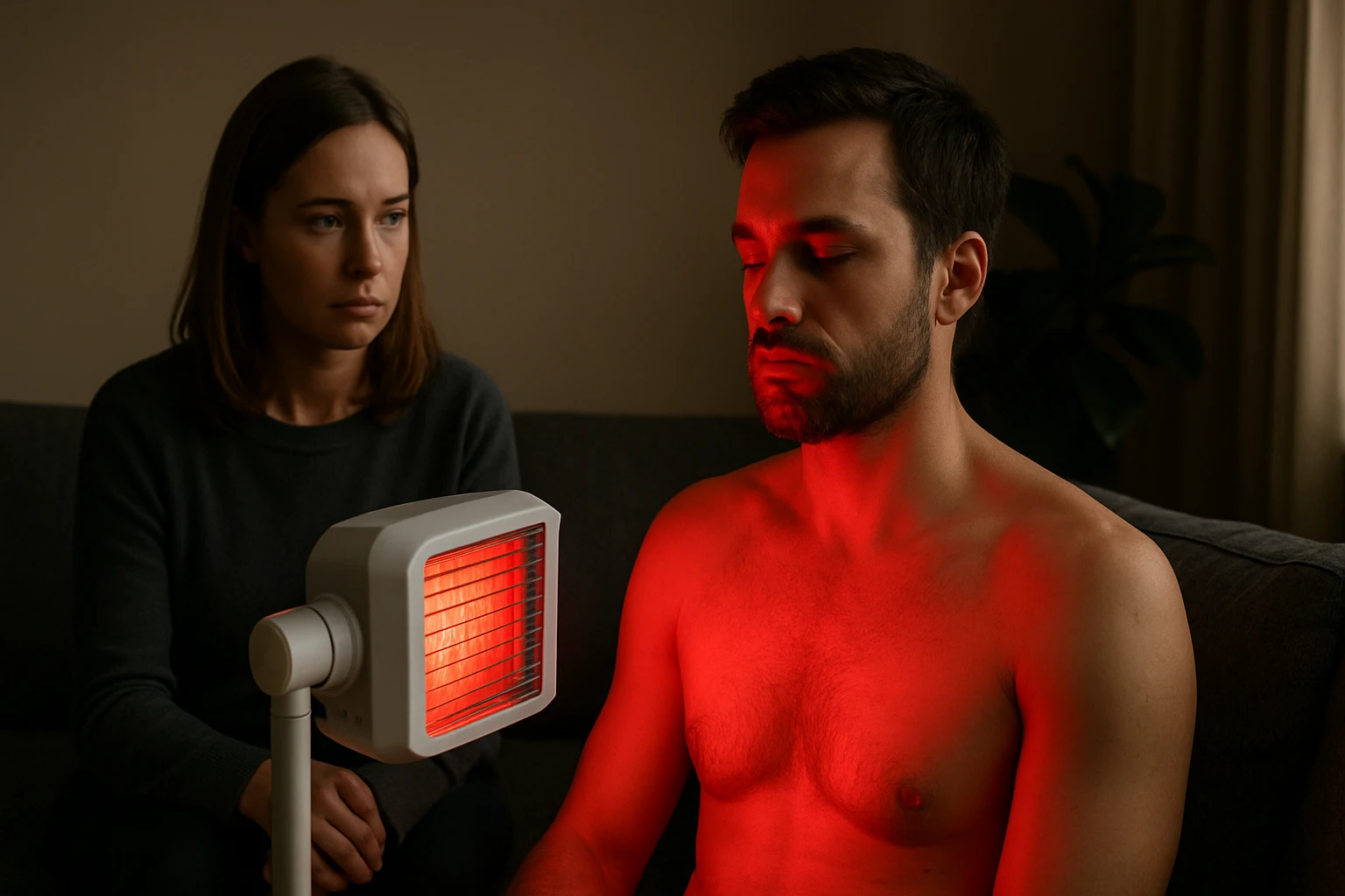 Muž pod infračerveným svetlom so ženou v pozadí