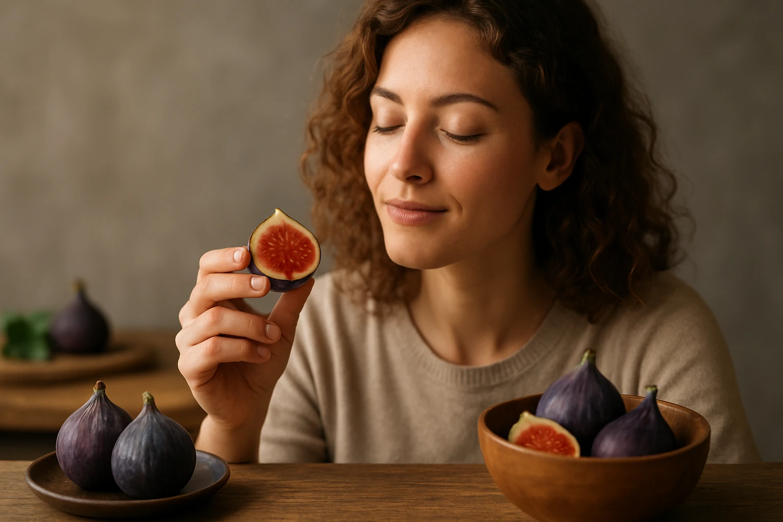 Žena vychutnávajúca si čerstvé fíky a objavujúca ich zdravotné výhody.