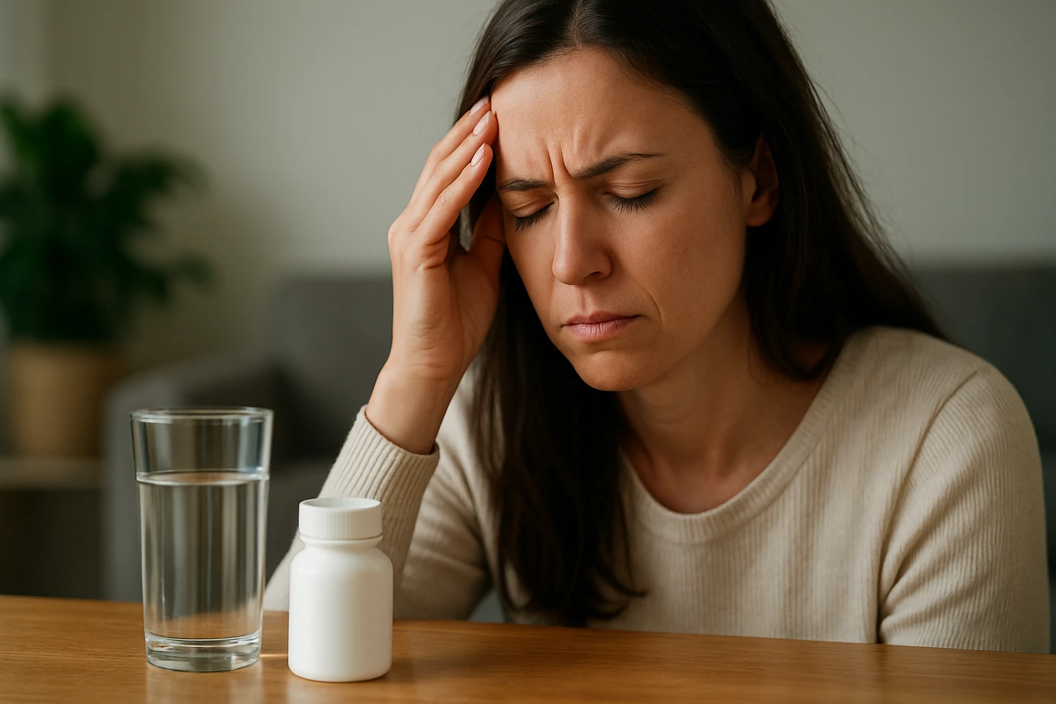 Žena s bolesťou hlavy sedí pred pohárom vody a fľašou lieku.