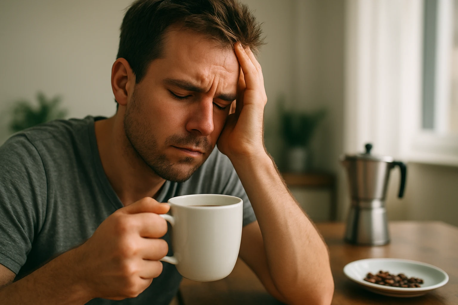 Muž s bolesťou hlavy a šálkou kávy v ruke